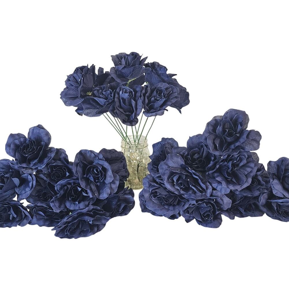 Navy Blue Artificial Roses 3in Fluffy Silk Flowers Stems Wedding Craft Lot of 20